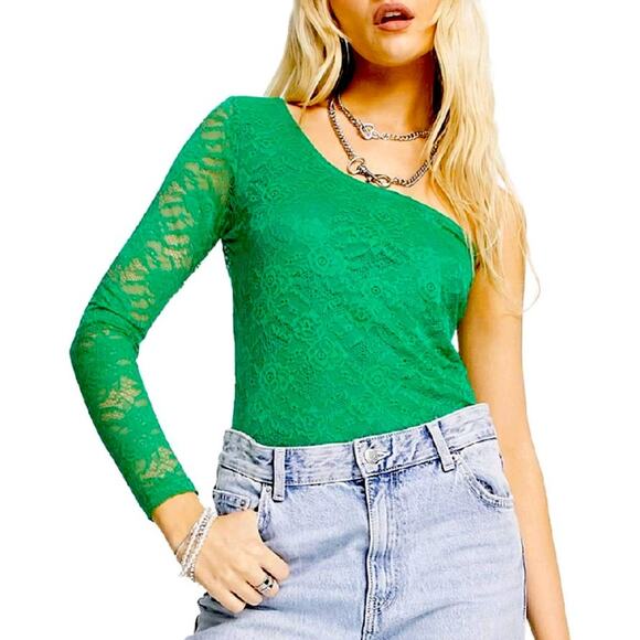 Topshop Tops - Topshop Green One-Shoulder Lace Bodysuit